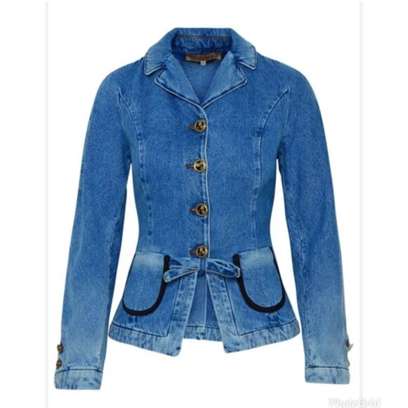 Revolve Cormio Cynthia Collared Button Down Bow Detail Denim Jean Jacket Size L - Picture 4 of 12